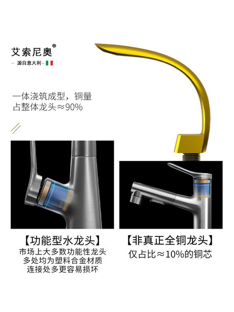 Italian Aisonola Silk Gold Light Luxury Faucet Bathroom Nordic Bathroom Basin Hot and Cold Faucet All Copper