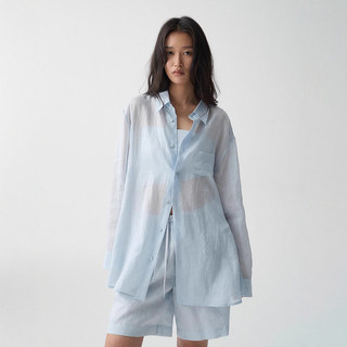 French-Style Blue Linen Long-Sleeved Shirt for Women, Summer Relaxed Old Money Style, Lazy Cotton-Linen Shirt and Shorts Sun Protection Set