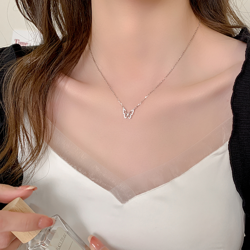 999 Pure Silver Butterfly Necklace Lady Autumn Winter Ladies Light Extravagant 2023 Lock Bone Chain Birthday Gift to girlfriend-Taobao