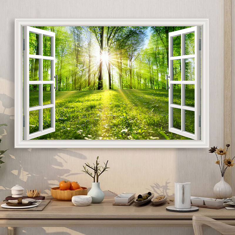 Landscape Painting Wall Stickers 3D Stereo Mural Stickers Self-Adhesive Living Room Background Wall Decoration Painting Fake Window Artificial Stickers