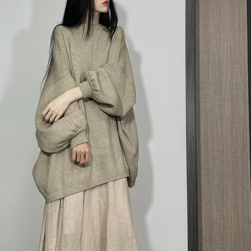 【Yan. Spring Never Comes】 Pullover Round Neck Solid Color Autumn and Winter Warm Oversized Lantern Sleeve Zen Soft Knitted Top