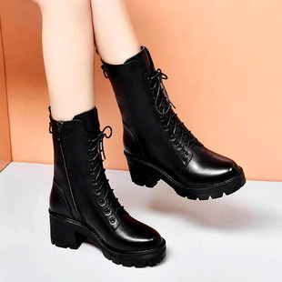 Genuine leather thick-soled Martin boots for women 2023 new mid-calf boots thick-heeled boots high-heeled spring and autumn single boots short boots