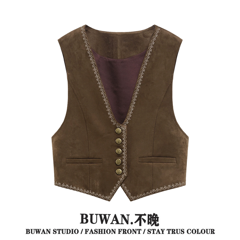 Vintage Coffee-Colored Lace V-Neck Vest for Women, Faux Suede Short Style, Waist-Cinching Sleeveless Vest, American Retro Layered Vest