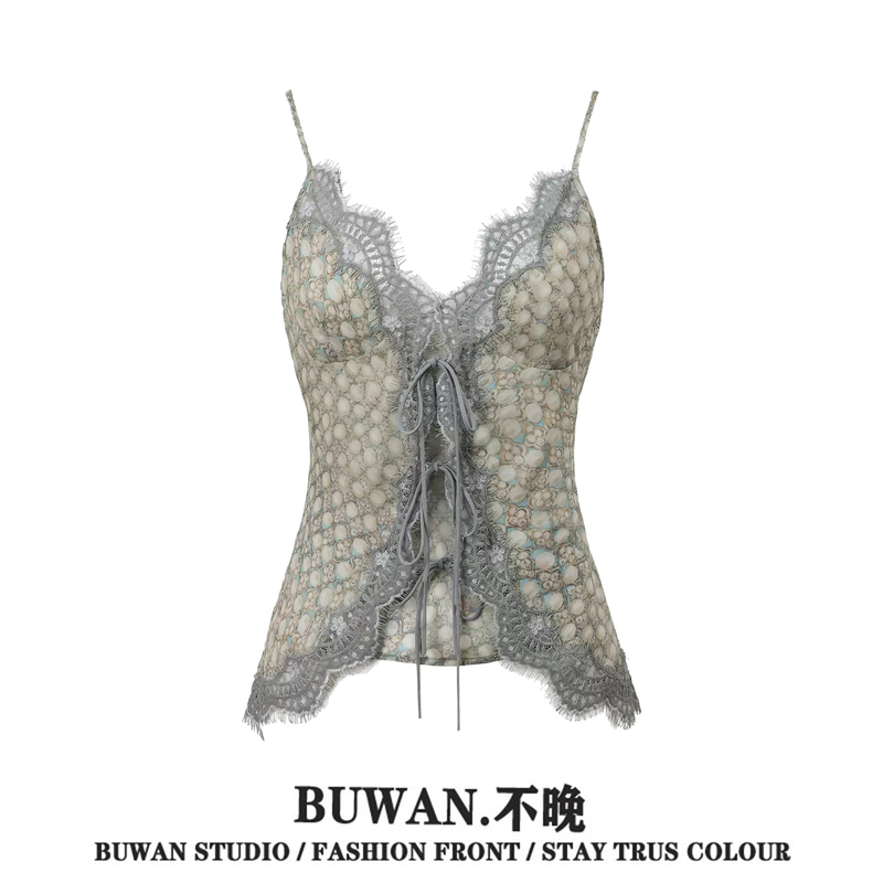 Pure Desire Style V-Neck Camisole with Snakeskin Print, Lace Trim, Front Tie, Waist-Cinching, Thin Straps, Sleeveless Top