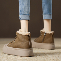 (French Paris) AULELVs lamb wool retro thick-soled snow boots for women plus velvet warm leather high-top shoes