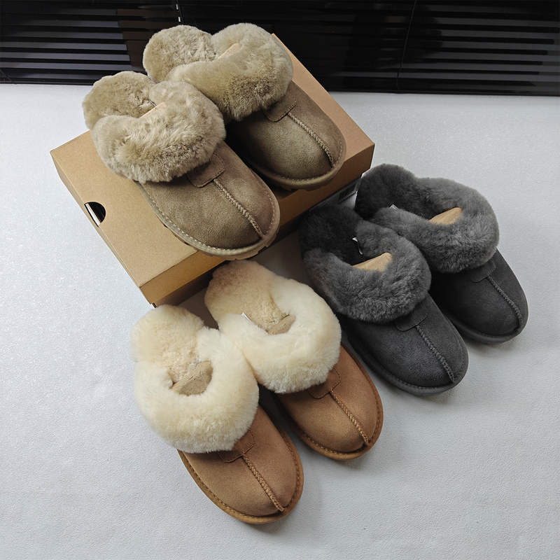 Henan Sangpo Village Sheepskin and Fur Integrated Non-Slip Thin-Soled Sheepskin and Fur Slippers for Autumn and Winter, Versatile Suede Closed-Toe Slippers for Outdoor Wear