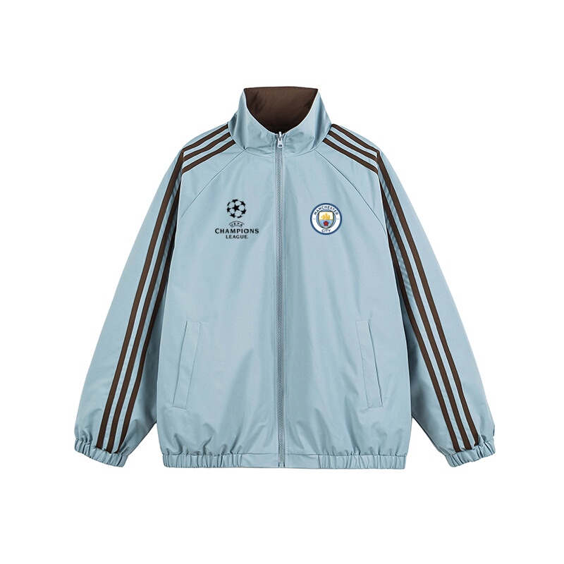 Champions League Manchester City Stand-Up Collar Jacket for Men and Women, Loose-Fitting Sports Casual Striped Windproof Jacket, Reversible Football Fan Top Champions League Manchester City Stand-Up Collar Jacket for Men and Women, Loose-Fitting Sports Casual Striped Windproof Jacket, Reversible Football Fan Top