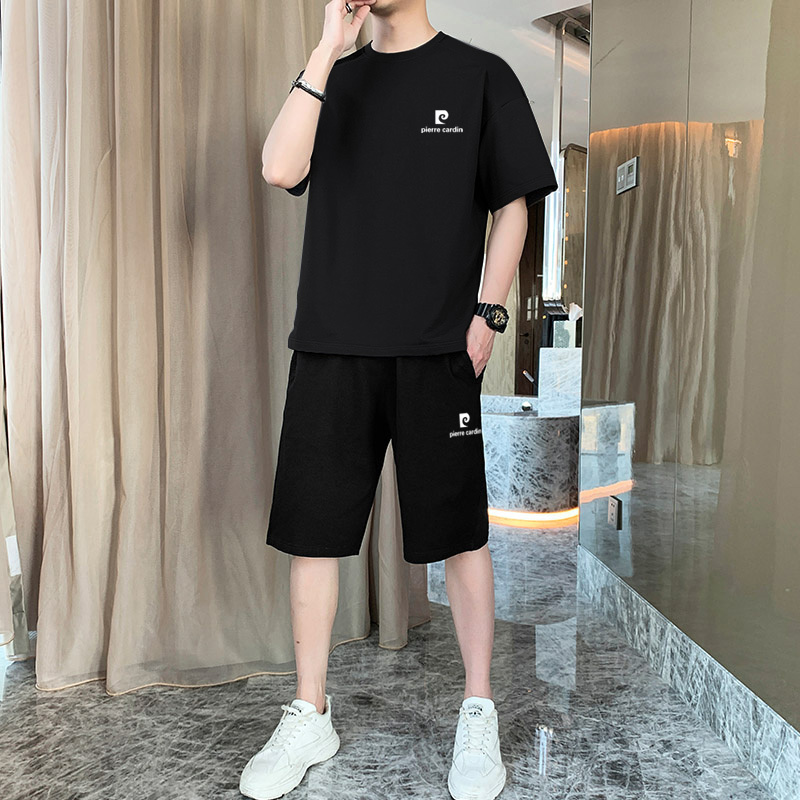 French Pierre Cardin Black T-Shirt Men's Summer Pure Cotton Short-Sleeved Suit Loose Shorts Casual Sports T-Shirt