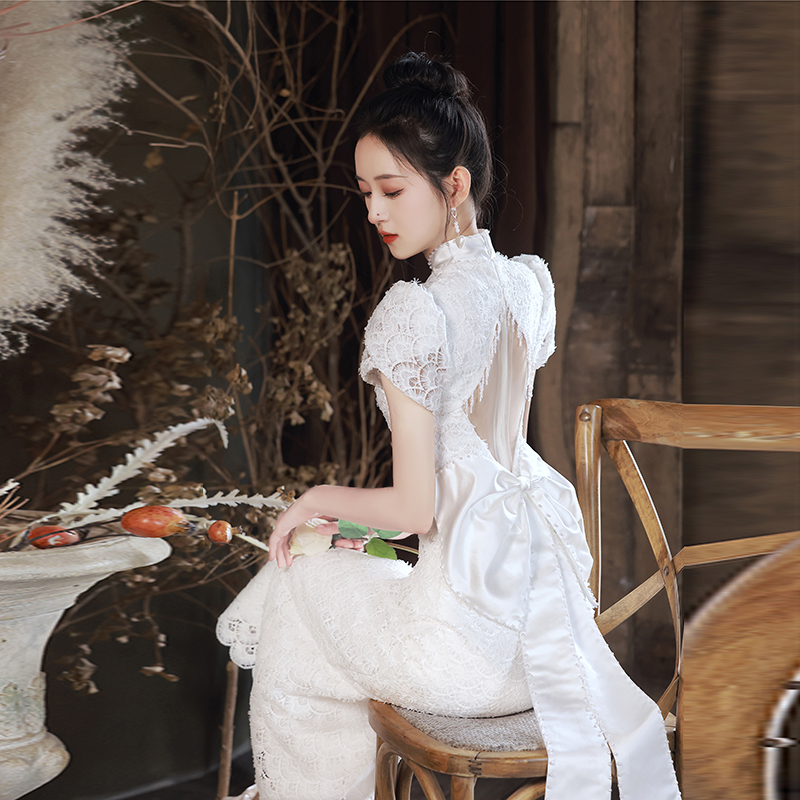 White cheongsam, advanced evening dress, elegant elite wedding dress, high-quality style