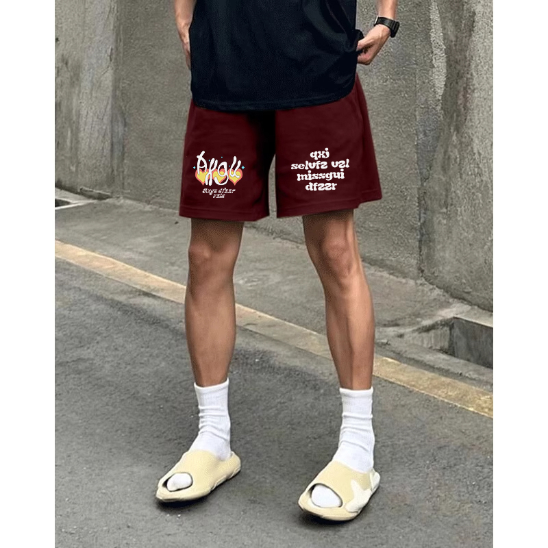 American-Style Trendy Brand Design Printed Casual Loose Shorts for Men, Summer Basketball Sports Burgundy Five-Point Pants