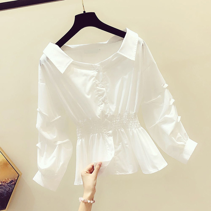 Brand discount store women's clothing cut standard Western style leak collarbone waist white top puff sleeve t shirt women's spring and autumn - Taobao