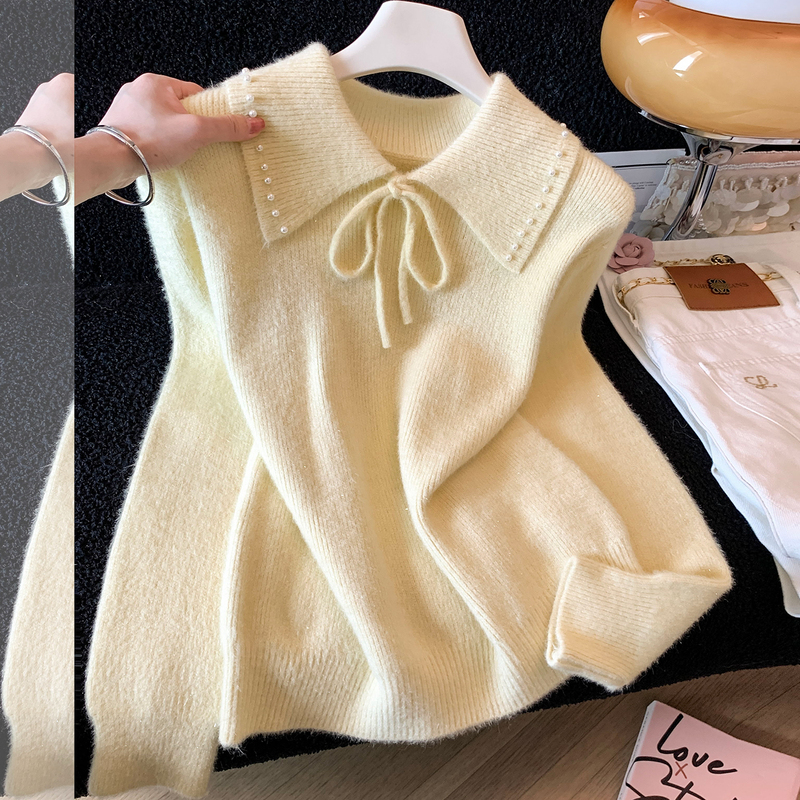 Brand Discount Gentle Style Soft and Sweet Loose Design Niche Turn-Down Collar Sweater for Women in Creamy Yellow with Tie-Up Knitwear Brand Discount Gentle Style Soft and Sweet Loose Design Niche Turn-Down Collar Sweater for Women in Creamy Yellow with Tie-Up Knitwear