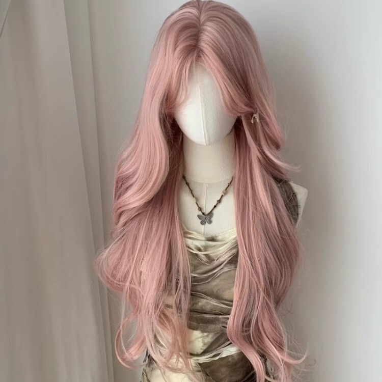 Fanny Pink Gold Wig for Women, Full Head Cover, Gray-Pink, Middle Parting, Long Curly Hair, Natural Realistic Wig
