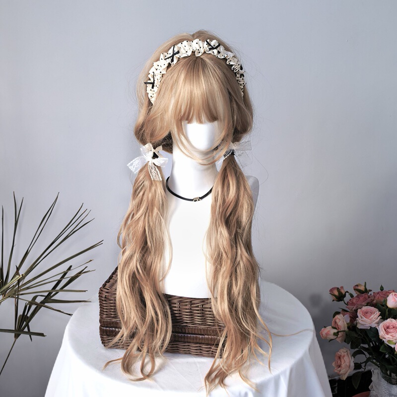 【Doll】Golden Lolita Long Curly Wig with Water Wave Bangs, Realistic Full Head Wig 【Doll】Golden Lolita Long Curly Wig with Water Wave Bangs, Realistic Full Head Wig