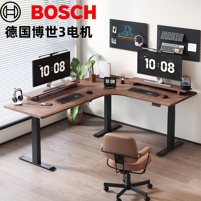 Electric Adjustable Desk Black Walnut Solid Wood Three-Motor Computer Desk Workbench Office L-Shaped Corner Executive Desk L-Type Electric Adjustable Desk Black Walnut Solid Wood Three-Motor Computer Desk Workbench Office L-Shaped Corner Executive Desk L-Type