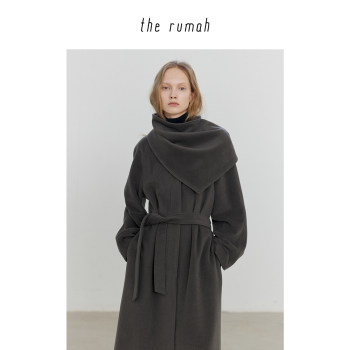 双11特惠 the rumah灰绿色圆领披肩羊毛大衣 三角巾披肩长款大衣