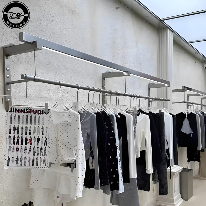 Clothing Store Display Rack, Boutique Stainless Steel Wall-Mounted Rack, Side-Hanging Clothes Rack, Women's Clothing Display with Lights, Wall-Mounted Shelf
