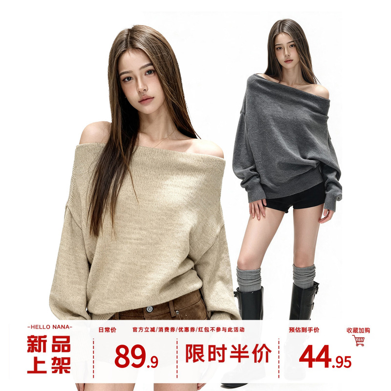 Hellonana Lazy Loose One-Shoulder Long-Sleeved Knitwear for Women in Autum, Elegant Slanted Shoulder Knitwear, Off-Shoulder Top
