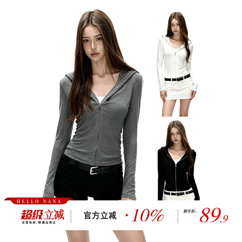 Hellonana Gray Zippered Hooded Long-Sleeved Cardigan Jacket for Women in Autum Slim Fit Short Outer Top