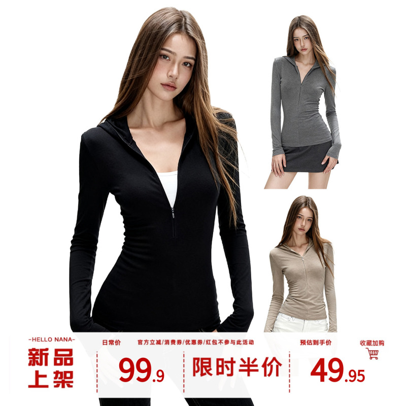 Hellonana Black Half-Zip Long-Sleeve T-Shirt for Women, Autumn Zip-Up Hoodie, Slim Fit, Inner Layering Top Hellonana Black Half-Zip Long-Sleeve T-Shirt for Women, Autumn Zip-Up Hoodie, Slim Fit, Inner Layering Top