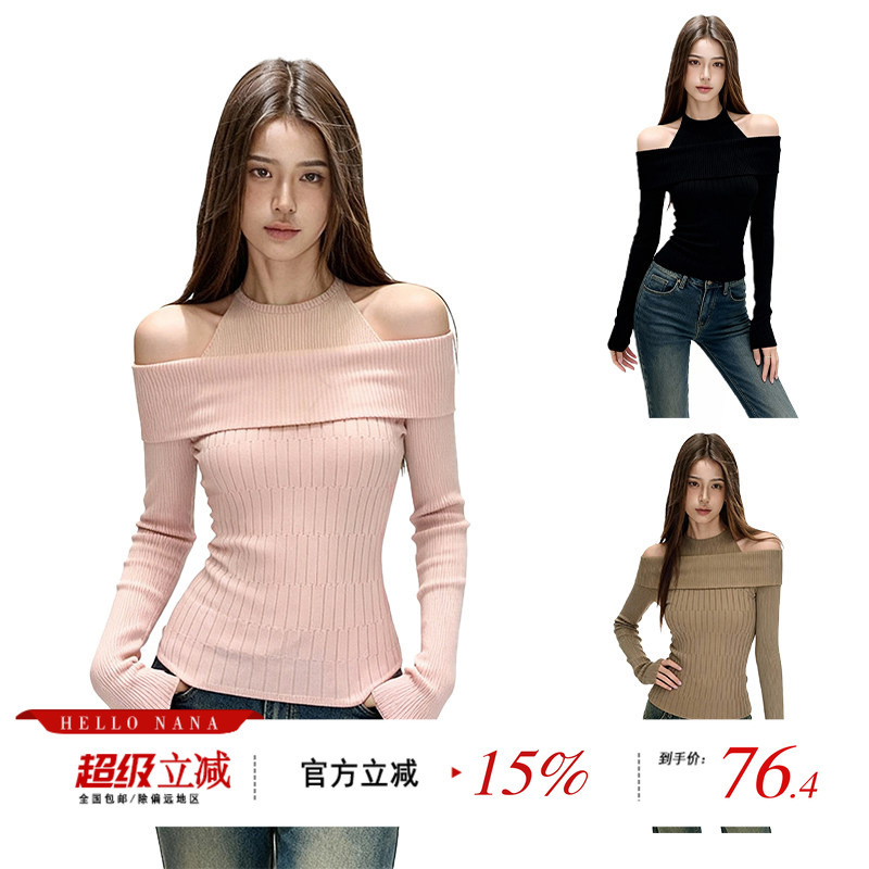 Hello Nana Design-Inspired Two-Piece Look Off-Shoulder Long-Sleeve Knit Top for Women, Autumn Slim-Fit One-Shoulder Top Hello Nana Design-Inspired Two-Piece Look Off-Shoulder Long-Sleeve Knit Top for Women, Autumn Slim-Fit One-Shoulder Top