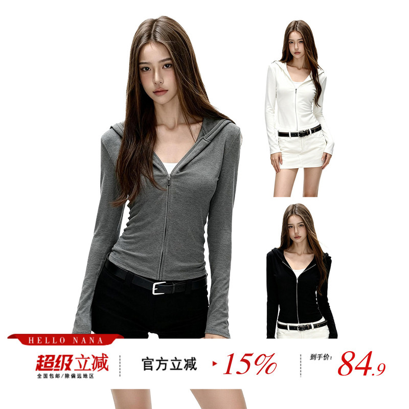 Hellonana Gray Zippered Hooded Long-Sleeved Cardigan Jacket for Women in Autum Slim Fit Short Outer Top Hellonana Gray Zippered Hooded Long-Sleeved Cardigan Jacket for Women in Autum Slim Fit Short Outer Top