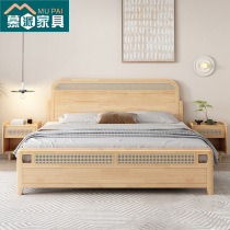 Wabi-sabi style solid wood bed rattan retro simple 1 5 single Japanese style log style master bedroom 1 8 meter double storage bed