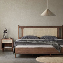 North American black walnut solid wood bed rattan bed retro single double bed master bedroom furniture wedding bed large bed
