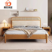Nordic rattan solid wood bed soft-packed wabi-sabi style ash home master bedroom small apartment solid wood double bed