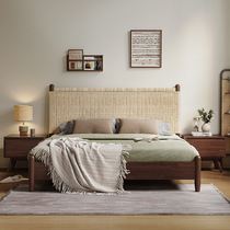 All solid wood rattan bed modern and simple medieval retro bed wabi-sabi wind bed B&B Japanese-style log wind bed rope woven bed