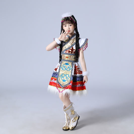 少数民族鄂伦春族服装女童舞蹈藏族传统服装鄂温克族儿童演出服饰
