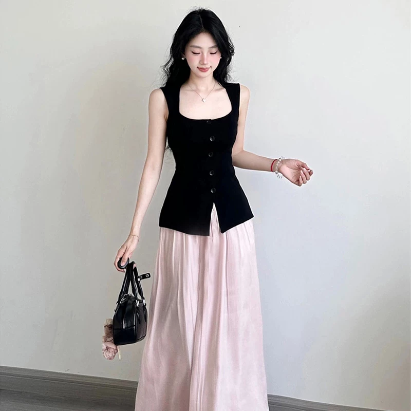 陈大钰 Fitted tank top sleevless, fuchsia T-shirt, washing powder, skirt, set