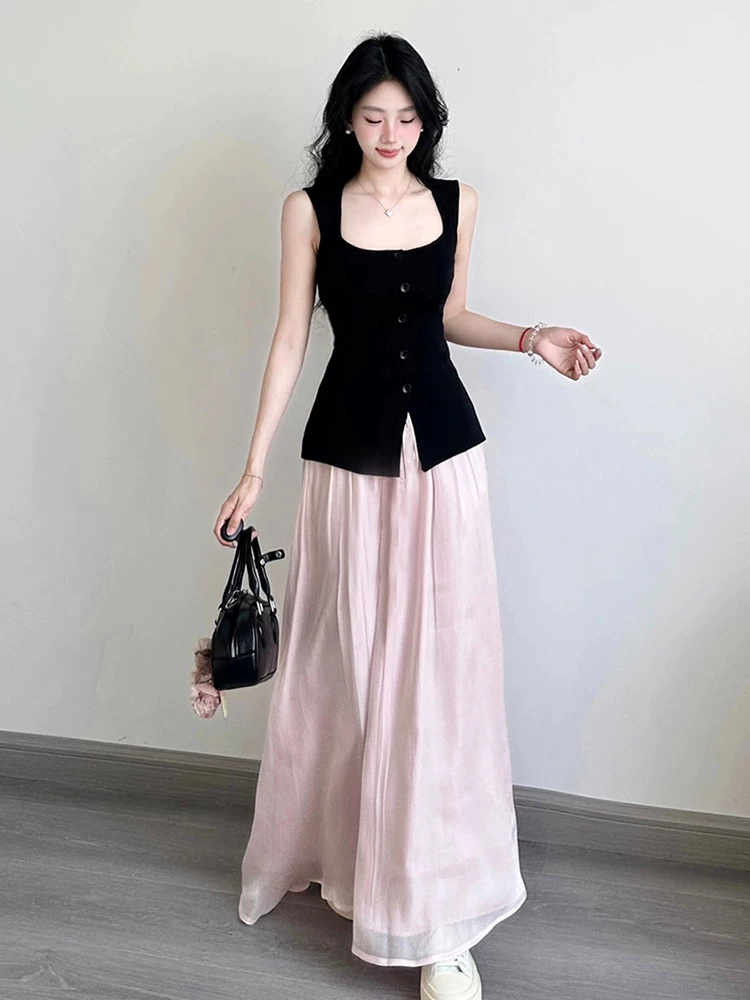 陈大钰 Fitted tank top sleevless, fuchsia T-shirt, washing powder, skirt, set