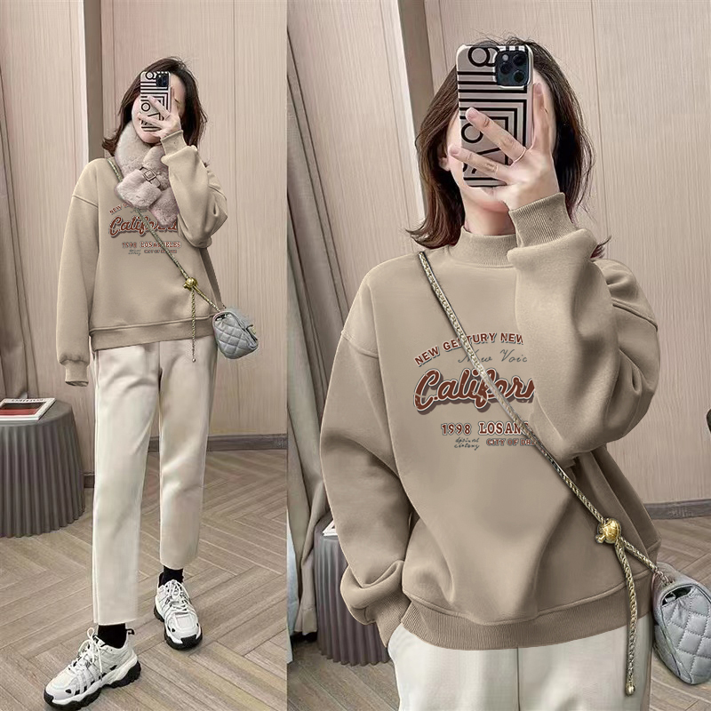 ハーフタートルネックプラスベルベット厚手プルオーバースウェットシャツレディース秋冬新作2025ホットスタイルファッショナブルでスタイリッシュなプルオーバートップ