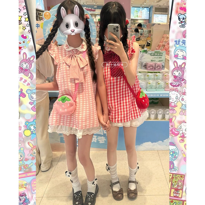 Korean Sweet Style Summer New Cute Doll Collar Red and Pink Plaid Dress Petite Princess Dress for Women