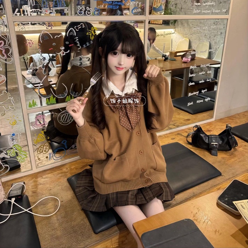 Caramel Croissant Jk Uniform Original Chestnut Color Winter Jk Cardigan Knit Sweater Sweet Girl Outfit Complete Set Caramel Croissant Jk Uniform Original Chestnut Color Winter Jk Cardigan Knit Sweater Sweet Girl Outfit Complete Set