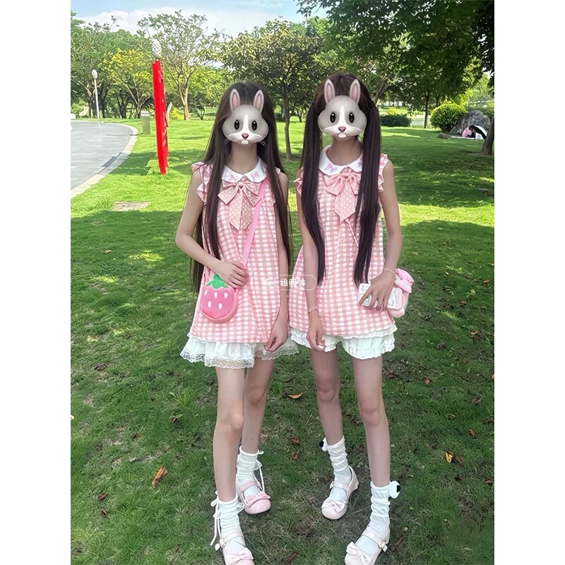 2026 Summer New Style Best Friend Twin Fresh Little Flutter Sleeve Pink Blue Plaid Sweet Princess Dress for Women