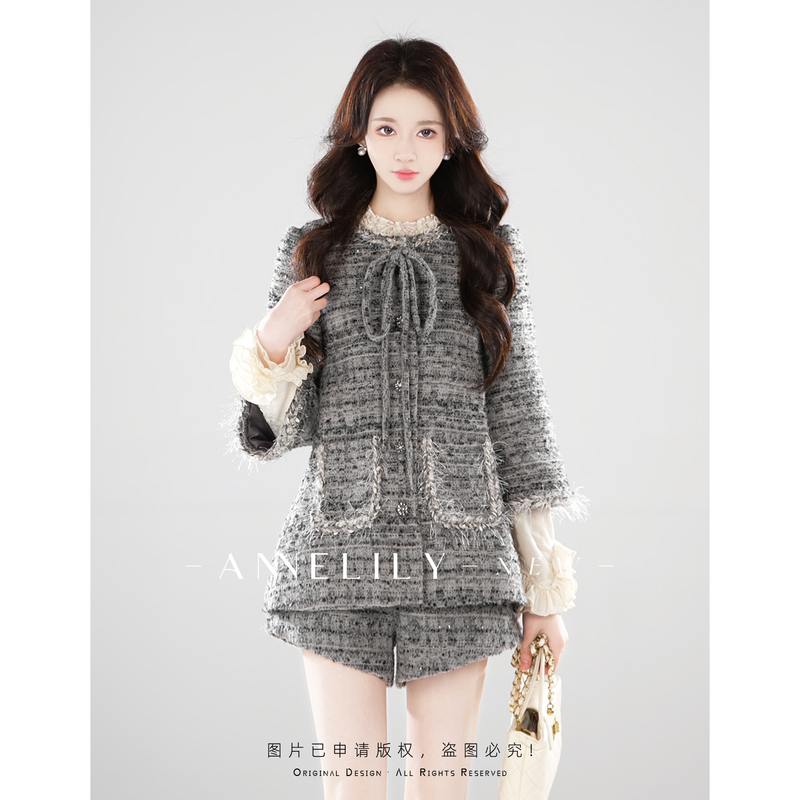 Annelily an Youyou【Liu Xu】Winter New Fashion Light Luxury Heavy-Duty Shorts Set