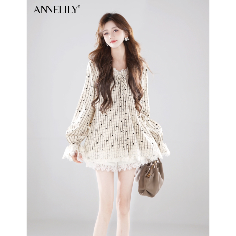 Annelily Angeliki【Oatmeal Gray】Autumn Light Luxury Fashion Lace Hooded Shirt (with Brooch)