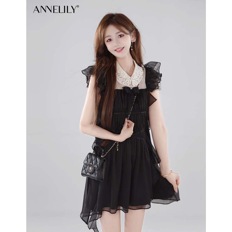 Annelily Angeliki【Half a Poem】Summer Light Luxury Fashion Slimming Sweet Vacation Lace Dress for Women