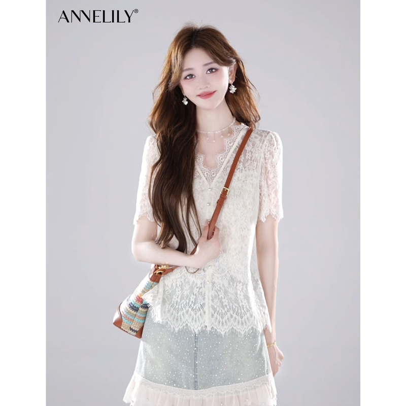 Annelily【Zhirou】Summer New Light Luxury Everyday French Fashion Elegant Lace Shirt for Women Annelily【Zhirou】Summer New Light Luxury Everyday French Fashion Elegant Lace Shirt for Women