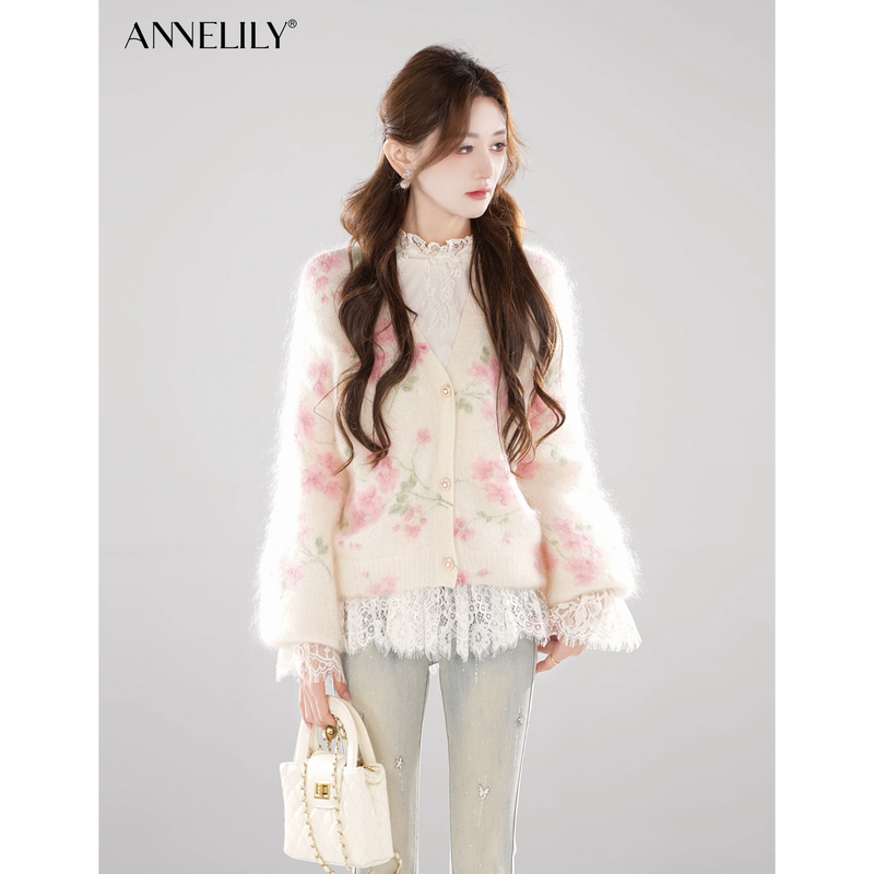 Annelily【Watching Flowers in the Mist】Autumn Romantic Pink Gentle Loose Knitted Cardigan Sweater Annelily【Watching Flowers in the Mist】Autumn Romantic Pink Gentle Loose Knitted Cardigan Sweater