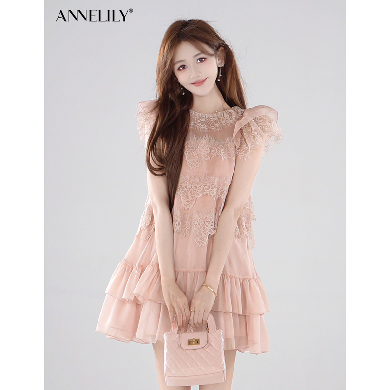 Annelily Angeliki【In Memory】Summer New Light Luxury Princess Lace Sweet Vacation Lace Dress