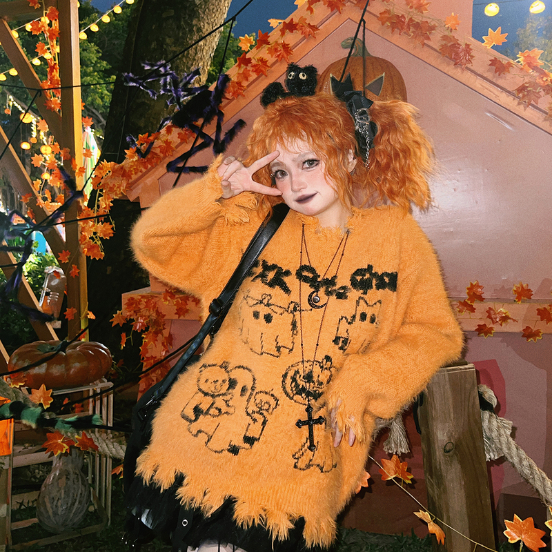 Halloween Pumpkin Witch! Rose No Need to Grow Taller Holes Asymmetrical Raw Edge Sweater Loose Knitted Top