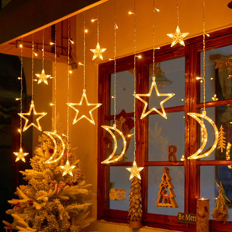 Led Star and Moon Curtain Lights Outdoor Camping Atmosphere Lights Birthday Decoration Starry Sky String Lights Christmas Decorations