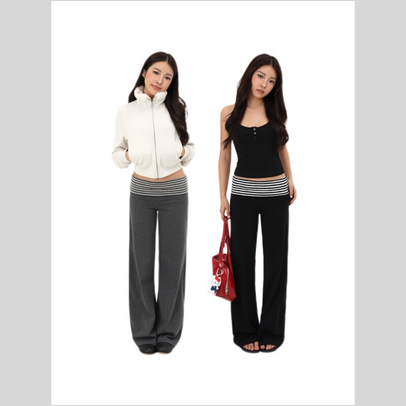 Mimiette Petite Slim-Fit Striped Cuffed Waist Straight-Leg Wide-Leg Casual Pants 6704 Long Pants Spring and Summer Pants