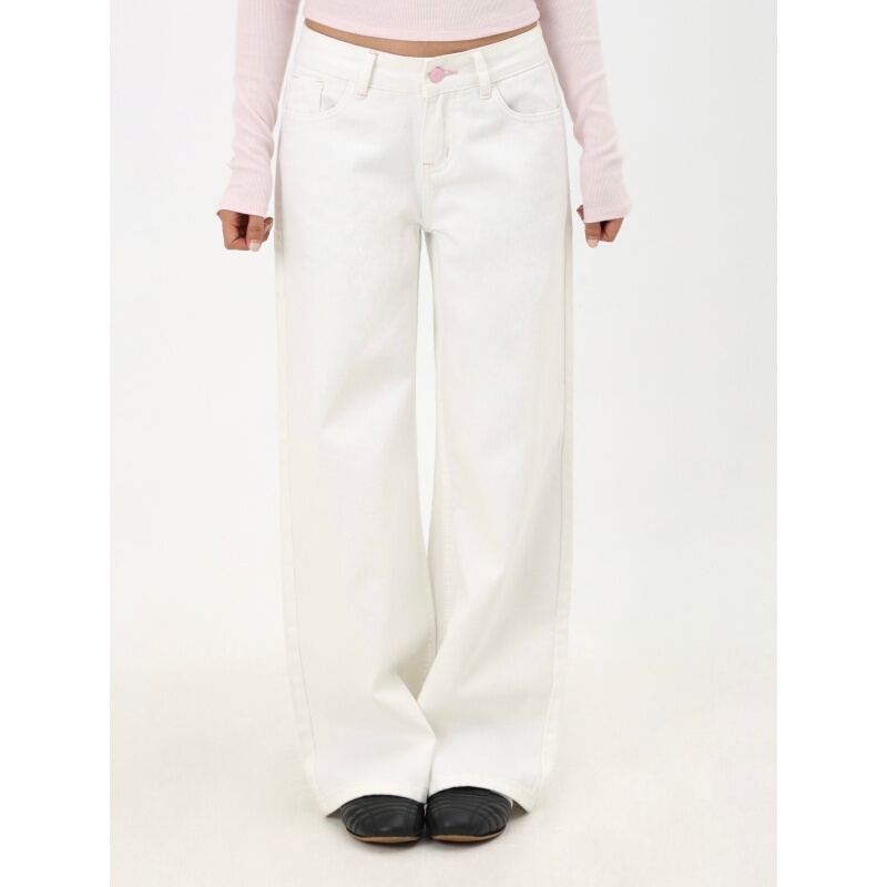 Mimiett Petite Straight-Leg Low-Rise White Jeans L87-1 Pink Button Simple American Style Versatile Pants Mimiett Petite Straight-Leg Low-Rise White Jeans L87-1 Pink Button Simple American Style Versatile Pants