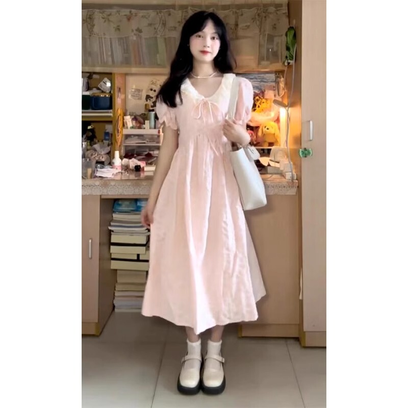 Korean Retro Girly Pink Dress, New Summer Style, Sweet and Cute, Loose Puff Sleeve Princess Dress, Long Dress