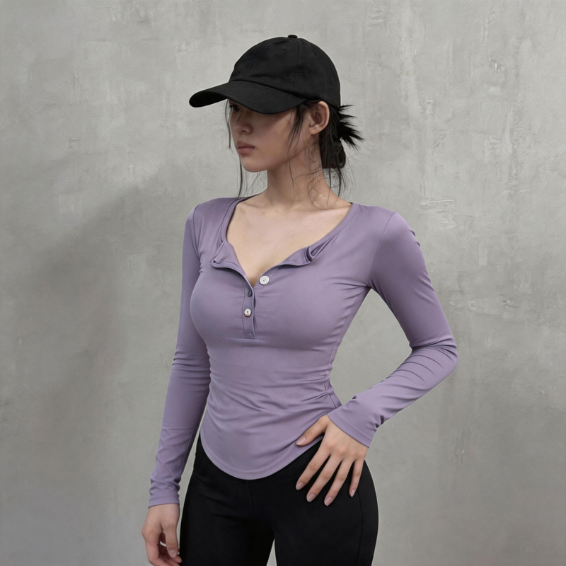 Half-Open Collar Sports Long-Sleeve T-Shirt for Women, Autumn and Winter Slim-Fit Base Shirt, Pure Desire Button-Up Fitness Fashion Top