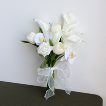 Preparing for marriage and receiving the certificate the bride holds flowers for the wedding simulates the bouquet white tulips calla lilies wedding dress photo studio and travel photo